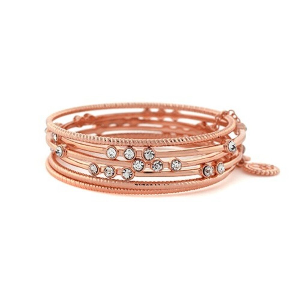 Jessica Simpson Rose Gold & Crystal Accent Bangle Bracelet Set of 6 New Gift